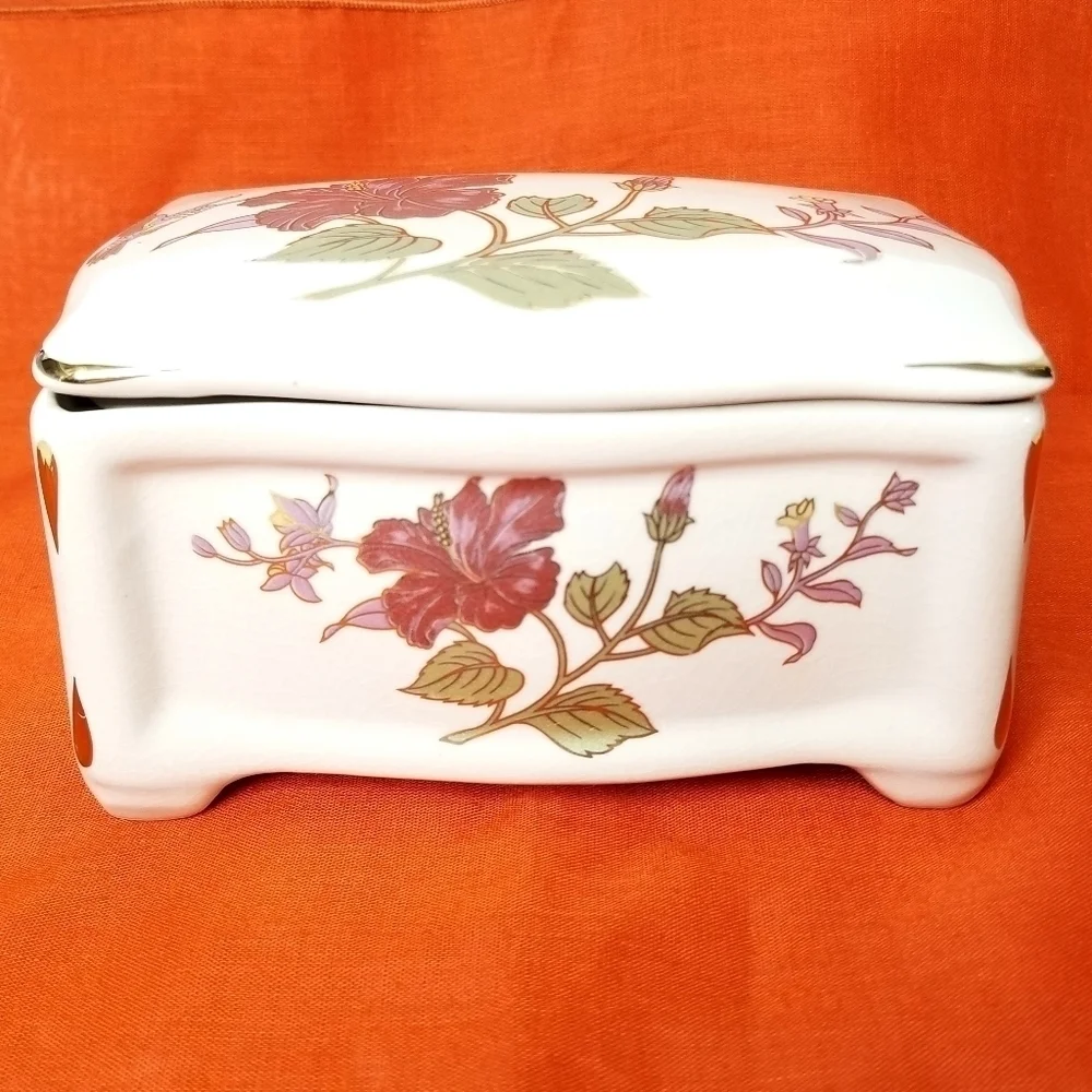 Vintage Colibri Porcelain White Floral Trinket Box, Jewelry Organization Box